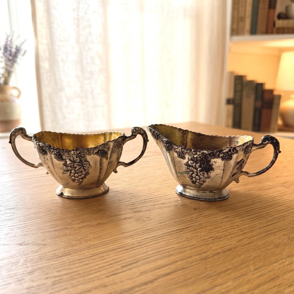 Vintage Silver Plated Creamer and Sugar Bowl Set Grape Motif Made in Japan